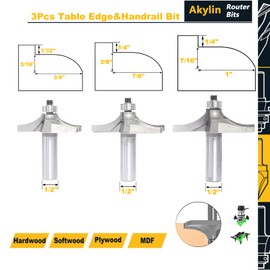 Akylin 3Pcs Table Edge and Handrail Router Bit,1/2 Inch Shank, Cutting Depth 3/4",7/8",1" Thumbnail Edge Cutters, Carbide Tipped 2 Flute, for Table Wood Profiling,Molding,Edging