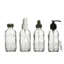 Perfume Studio® 4oz Essential Oil Clear Glass Bottles - Pack of 4 Boston Round Glass Bottles; Pump, Dropper, Spray, and Cap - Complimentary Essential Oil/Perfume Sample Vial (Clear Glass)