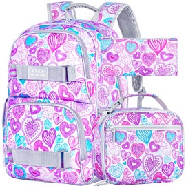 FTJCF Laptop Backpack, 16 Inch School Bag College Bookbag, Anti Theft Daypack Bags and Lunch Bag Set, Water Resistant Love Backpacks for Teens Girls Women Students (PinkGrey)