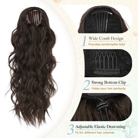 SOFEIYAN Drawstring Ponytail Extension 24 Inch Wavy Curly Clip on Hairpiece Comb Clip in Ponytail Extensions Layered Fluffy Thick Pony Tails Hair Extension Synthetic Hairpieces for Women-Dark Brown