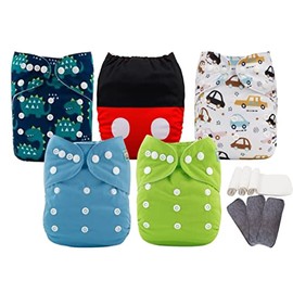 Alva Baby 5 Pañales Ecológicos de tela mixtos (lisos y espampados), impermeable y adaptables de 4-16kg (Niño)