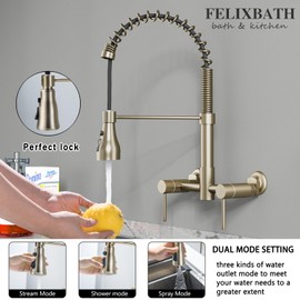 FELIXBATH Wall Mount Kitchen Faucet, 8 Inch Center Wall Mounted Kitchen Sink Faucet with Pull Down Sprayer, Commercial Wall Mount Faucet (Gold)