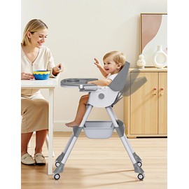 High Chairs for Babies and Toddlers, 4 in 1 Convertible Baby High Chair, Portable High Chair for Travel with Adjustable Height and Back, Foldable HighChair with Wheels& Pu Cushion (Grey)