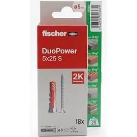 fischer Duopower 5x25mm with Screw, 18U Wall Anchors Various Materials Suitable for Hanging Bicycles, Pictures, Cabinets, TVs, Shelves, Furniture