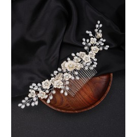 Deniferymakeup Flower Wedding Hair Comb Clip Pearl Hair Comb Bridal Crystal Wedding Hair Accessories for Brides and Bridesmaid (Style 5)