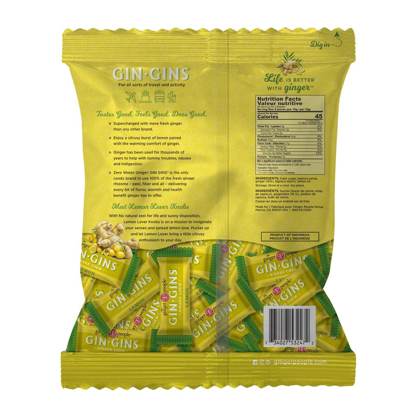 GIN GINS Lemon Ginger Chews – Natural Fresh Ginger Candy
