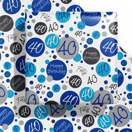 WRAPAHOLIC Birthday Wrapping Paper Sheet - 6 Sheets Blue 40th Birthday Design Folded Flat for Birthday, Party, Baby Showers - 19.7 Inch X 27.5 Inch Per Sheet
