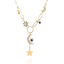 PEAINJ Charm Necklace for Women Safety Pin Necklace Chunky jewelry Star Moon Pendant Necklace Aesthetic Accessories 3