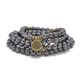108 Natural Stone Mala Beads Yoga Bracelet with Lotus Charm (Hematite)