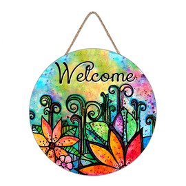 Welcome Spring Summer Sunflower Front Door Sign, Watercolor Abstract Floral Wood Door Hanger Outdoor Outside Porch Decor, Fall Autumn Seasonal Wooden Wreath Indoor Wall Hanging Decoration 12 in