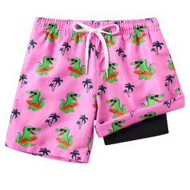 Cozople Boys Swim Trunks with Compression Liner Cute Dinosaur Printed Bathing Suit Quick Dry Pink Swim Shorts Lightweight Beach Swim Shorts Size 5-6