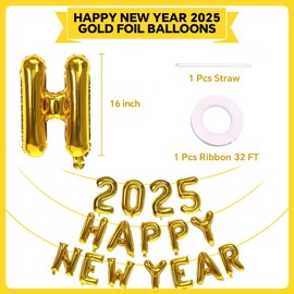 Gold Happy New Year 2025 Balloons, 16 Inch 2025 Foil Number Balloons, 2025 New Years Decorations for New Years Eve Party Supplies 2025 New Years Eve Décor