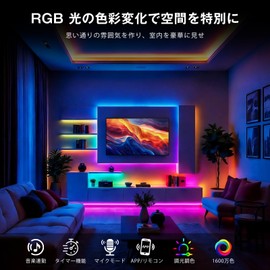 LED Tape Light, 3.3 ft (1 m), USB Powered, RGBIC, Remote Controlled by Smartphone App, Stepless Dimming, Color Tuning, Music Sync, Timer Auto On/Off, Indirect Lighting, Behind Computers, TV, Game