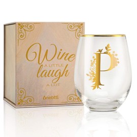 Onebttl Unique Stemless Wine Glasses, Initial Wine Cup for Red or White Wine - 18oz, Monogrammed, Gold - for Women, Girls, Female, Her, Friends, Coworkers, Clients - for Birthday, Christmas