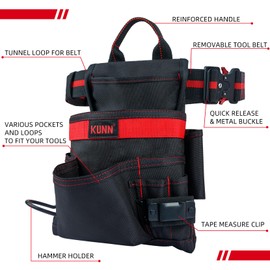 KUNN 10-Pocket Carpenter Tool Pouch,Adjustable 2-Inch Belt Heavy Duty Construction,Hammer Holder and Tape Measure Clip