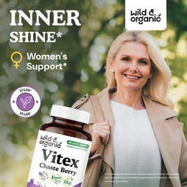 Wild & Organic Vitex Chasteberry Supplement for Women 500 mg - Women's Support - Pure Vitex Berry Powder Capsules - Chaste Tree Berry Agnus-Castus Extract - Vegan, No Fillers, Non-GMO - 90 Count