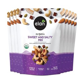 Elan Organic Sweet & Salty Mix, Non-GMO, Gluten-Free, Vegan, Kosher, Vegan Dark Chocolate, Dried Fruits (Raisins, Dates), Nuts (Roasted Cashews, Roasted Almonds) & Pumpkin Seeds, 8 pack of 5.3 oz