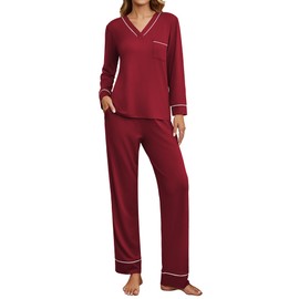 Ekouaer Women's Pajamas Sets 2 piece PJs V Neck Long Sleeve Sleepwear Comfy Pants Loungewear with PocketWine Red Large