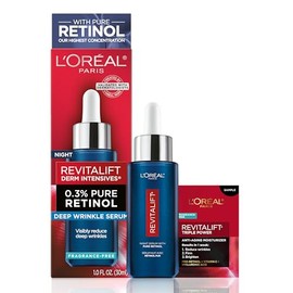 L'Oreal Paris Revitalift - Suero nocturno de retinol 0.3% puro, reduce las arrugas profundas, sin fragancia, 1 onza + muestra de humectante