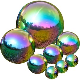 Nerien Gazing Ball, Stainless Steel Garden Mirror Globe, Polished Ornament Sphere, Hollow Floating Reflective Hemisphere, for Home Outdoor Pond Housewarming Swimming Pool Decoration, Rainbow, 8Pcs