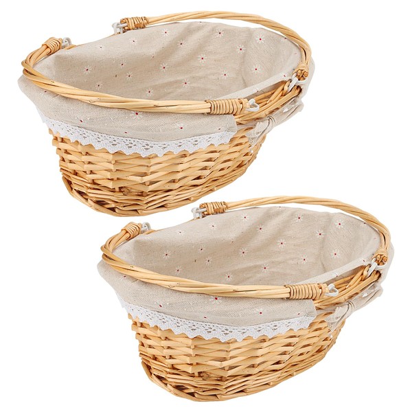 JOIKIT 2Pcs Oval Traditional Wicker Shopping Storage Basket with Folding Handles and Fabric Lining, Wicker Picnic Willow Basket for Wedding, Party