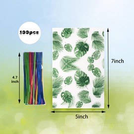 LEOSINDA 100 pcs Hawaiian Cellophane Candy Bags Green Jungle Cooler Bags Party Favors Palm Leaf Candy Snack Bags with 100 Twist Ties for Weddings Baby Shower Birthday Party Favors Clear 5"X 7"