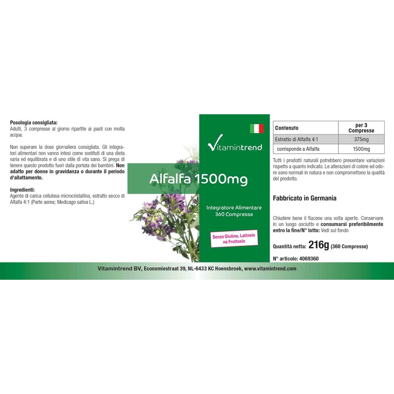 Alfalfa 1500mg - Bulk Pack with 360 Tablets, for 4
