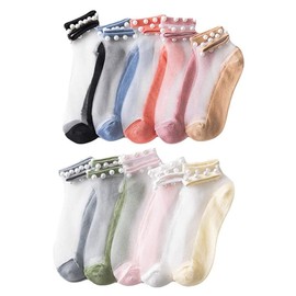 KIASRZN 10 Pairs Crystal Tulle Pearl Summer Socks,Pearl Sheer Socks,Women Sheer Lace Elastic Ultra Thin Silk Stockings Short (Style A)