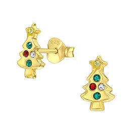 Christmas Tree Earrings with Crystal Stones - Gold Plated - 925 Sterling Silver