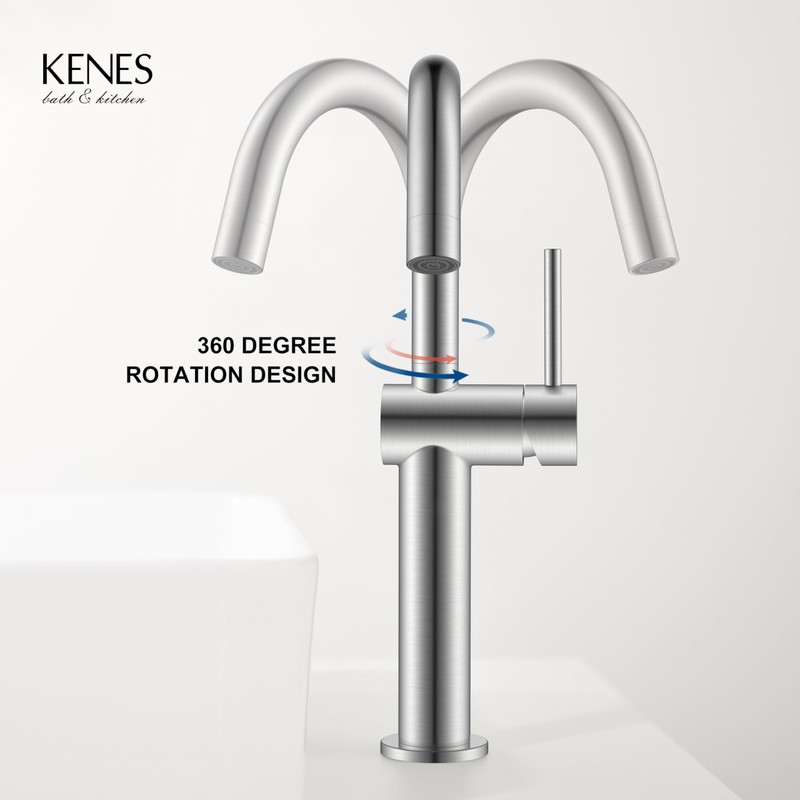 KENES Brushed Nickel Vessel Sink Faucet, Single Handle Tall Bathroom