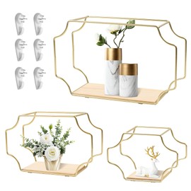 Gemsaya 3pcs Irregular Rectangle Metal Wall Shelves, 3 Sizes Wall Mounted Floating Shelves, Gold Decorative Geometric Hanging Shelf With Wood Veneer Wall Storage Display for Living Room, Bedroom, Bath