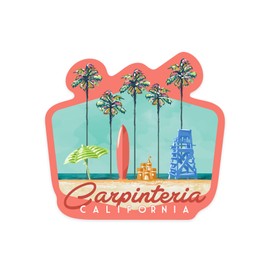 Die Cut Sticker Carpinteria, California, Tall Palms Beach Scene, Blue Lifeguard Chair, Contour Vinyl Sticker 3 to 6 inches, (Waterproof Decal for Cars, Water Bottles, Laptops, Coolers), Large