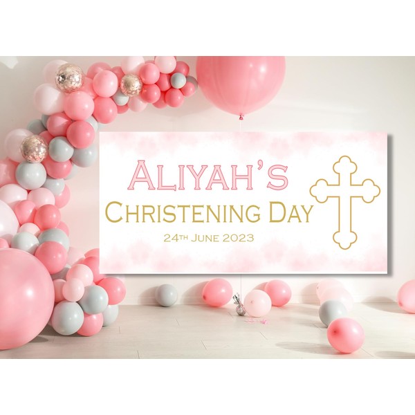 Large Personalised Baptism Banner Custom Backdrop with Name and Date Christening Decorations for Girls Pink Gold