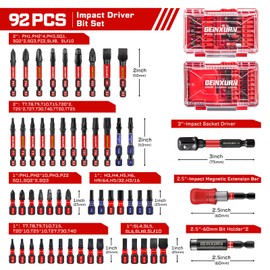 Geinxurn 92Pieces Impact Screwdriver Bits Set, Magnetic S2 Steel 1”/2” Phillips/Square/Torx/Slotted/Hex/Pozi Bits Tips and Impact Bit Holder with Red Storage Box Case