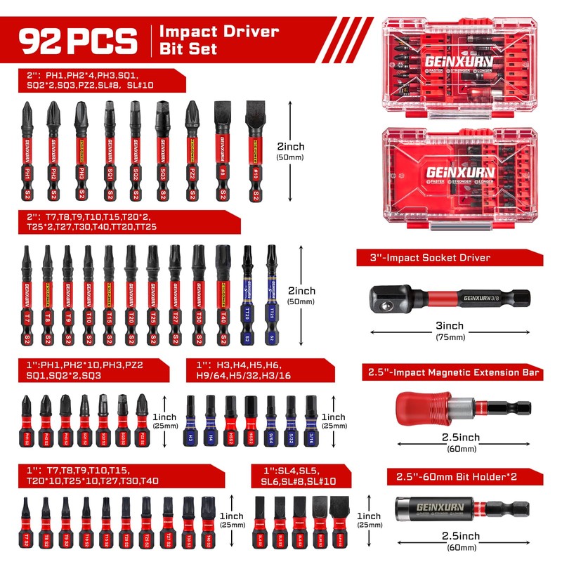 Geinxurn 92Pieces Impact Screwdriver Bits Set, Magnetic S2 Steel 1”/2”