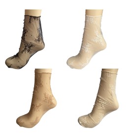 XUNQUCOM 4 Pairs Women Sheer Slouch Socks - Lace Tulle Socks Mesh Socks - Slouch Socks - Transparent Elegant Loose Socks Ankle High