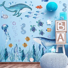 HOTIYOK Whale Wall Sticker, Sea Fish, Turtle, Deep Sea Fish, Wall Sticker, Jellyfish, Saltwater Fish, Seaweed, Coral, Wallpaper, Stylish, Sea Animals, Seaweed, Children's Room, Swimming Pool, Mother