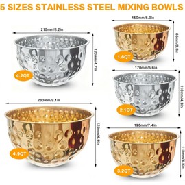 Gold Mixing Bowls Set of 5, Stainless Steel Mixing Bowls, Metal Nesting Salad Bowls Kitchen Food Storage Containers for Cooking, Baking, Prepping Christmas Serving, No Lids, 1.6/2/3.2/4.2/4.9 QT