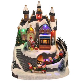 Selections Santa Christmas Scene Resin Village Ornament with Lights Moving Train and Sound