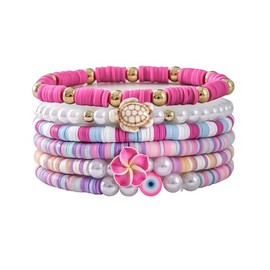 COLORFUL BLING Heishi Surfer Beaded Stretch Bracelets Set for Women Layered Stackable Clay Beads Flowers Bracelets Friendship Boho Summer Beach Hawaiian Jewelry-pink eye
