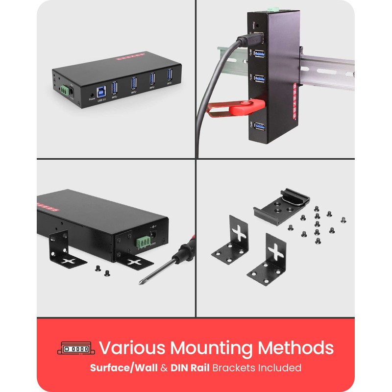 4-Port USB 3.0 Rugged Industrial DIN Rail & Surface Mount