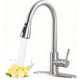 HOTIS Kitchen Faucet with Pull Down Sprayer, Brushed Nickel Stainless Steel High Arc Single Handle Faucets with Deck Plate for 1 or 3 Hole, Suitable for Farmhouse Camper Rv Bar, HT-KYT010L-D-2