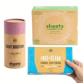 Sheets Laundry Club - Kit de lavandería todo en uno. - Ligero - Disfruta de 50 sábanas de lino fresco de disolución rápida, tubo de refuerzo de aroma de brisa marina de 1 a 8 onzas, 40 hojas de secadora libres y transparentes a base de plantas