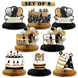 LINGTEER Happy 51st Birthday Decorations,8 Pcs Black & Gold Table Topper Centerpieces Set - Cheers to 51 Years Old Quick Birthday Party Decorations Gift Sign.