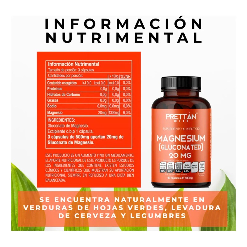 Gluconato Magnesio 20mg Suplemento Capsulas Prettan Sabor