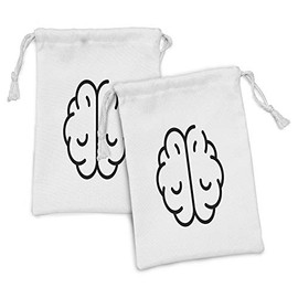 Lunarable Psychology Fabric Pouch Set of 2, Close Up of a Simple Brain Like Looking Motif on Plain Background, Small Drawstring Bag for Toiletries Masks and Favors, 9" x 6", Charcoal Grey and White