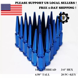 TJF AUTO 20PC BLUE 14X2 CONICAL SEAT SPIKE LUG NUT 4.5'' FIT F150 NAVIGATOR EXPEDITION