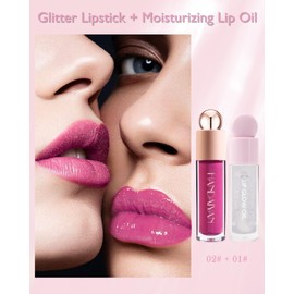 Glitter Liquid Lipstick Long Lasting, Shimmer Diamond Shiny Lip Gloss with Hydrating Lip Glow Oil, Sparkly Glossy High Pigment Waterproof Red Matte Lipstick, Bold Glimmer Lip Tint Women Makeup - 02+01
