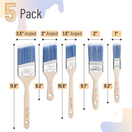 Bates- Paint Brushes Set, 5 Pack, 1"/1.5"/2"/2.5", Flat & Angled Paint Brushes for Walls, Treated Wood Handle, Stainless Steel Ferrule