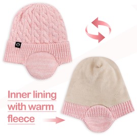 Cheerful Mario 4-10 Years Girls Winter Hat Snood and Gloves Set Kids Beanie Hat with Earmuff Warm Fleece Lining Touchscreen Gloves Pink